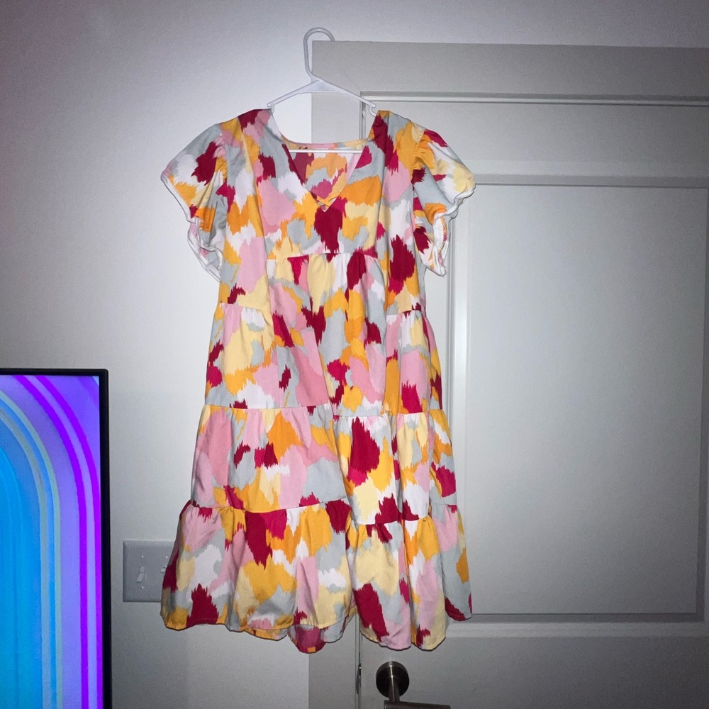 Pink and Orange Flutter Sleeve Sundress with V-Neck